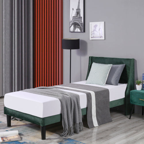 Single Bed Velvet Dark Green 3FT Upholstered Bed With Winged Headboard, Wood Slat Support